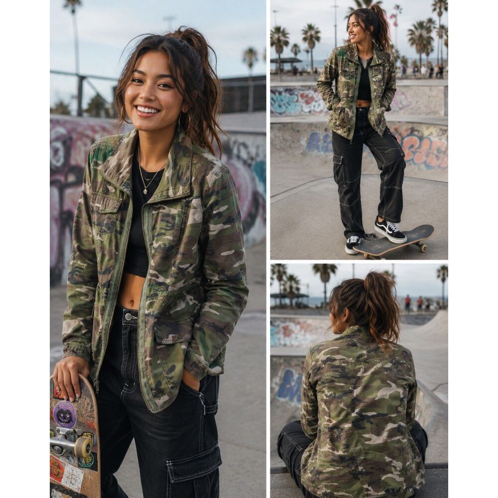 Charlotte Russe Camo Utility Jacket Women's Medium Military Zip Front